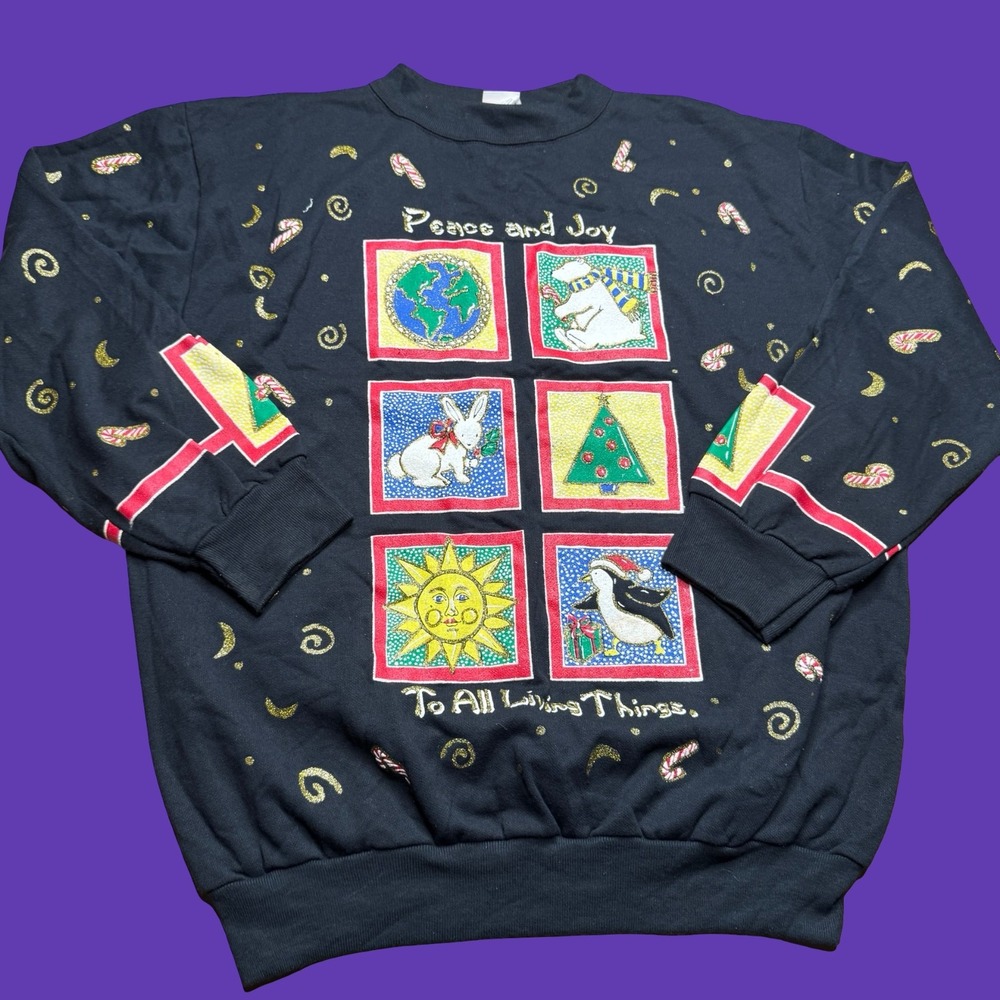 Vintage Holiday Time Christmas Sweatshirt Large Black 90s Cozy Peace and Joy
